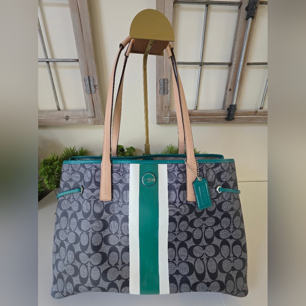 Coach Signature Stripe Large Carryall Tote-Navy Denim Look, Jade Green Stripe - Picture 16 of 16